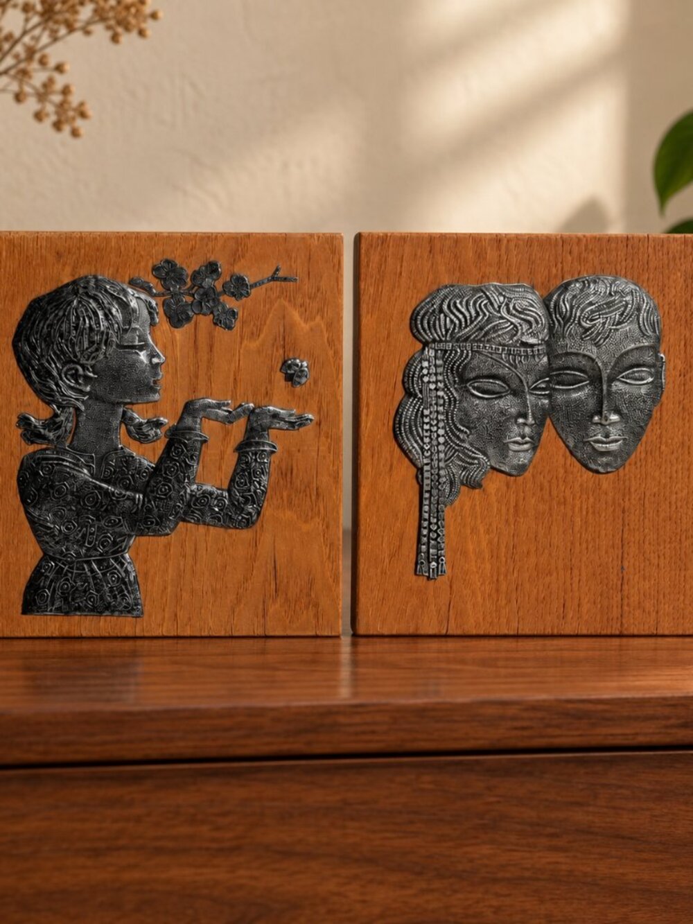Vintage Soviet Metal Relief Wood Plaque Set Mid Century Wall Art 2pc